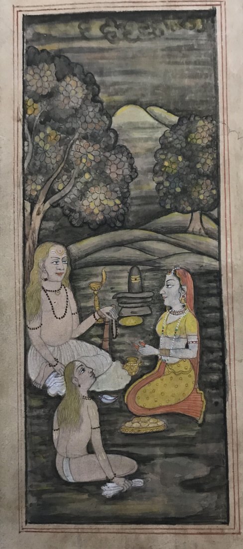 Indian miniature painting of Saint: Description: Indian miniature painting of Saint , his disciple and a queen paying visit Seen is a Hindu Shaivite saint who worships lord Shiva , his disciple and a queen paying a visit with gifts in h