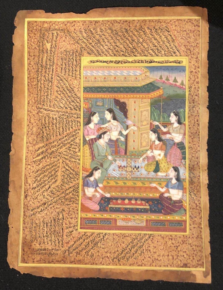 Indian miniature painting on Manuscript Page: Description: Indian miniature painting on Manuscript Page Showing Queen on palace terrace playing Pasha or Dice with a King surrounded by attendants. Attendants are seen tanning, offering wine, etc. 1