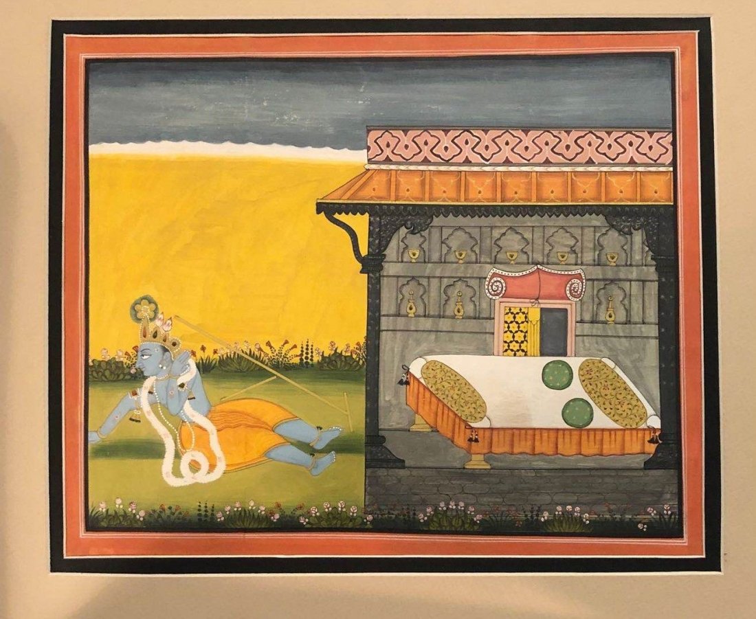 Indian Rajasthami Miniature Painting: Indian Rajasthami Miniature paintingProbably from Ragamala series seen here. Krishna is waiting for his beloved Radha outside his palace.11" x 6.5", matted.
