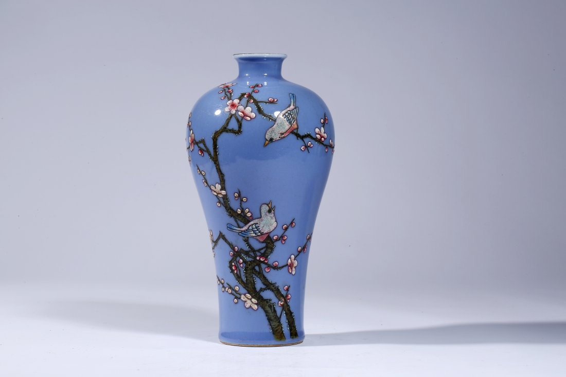 Chinese Porcelain Blue-Glazed Plum Blossom Meiping: China.Qing Dynasty. Qian Long period. A blue-glazed vase.D5in + H9.65in