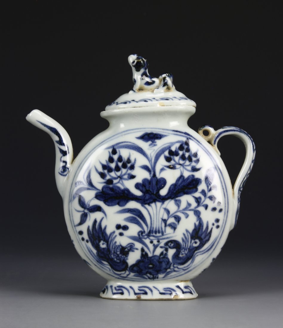 Chinese Blue And White Wine Pot: China, blue and white wine pot, Yuan dynasty. 6 in.
