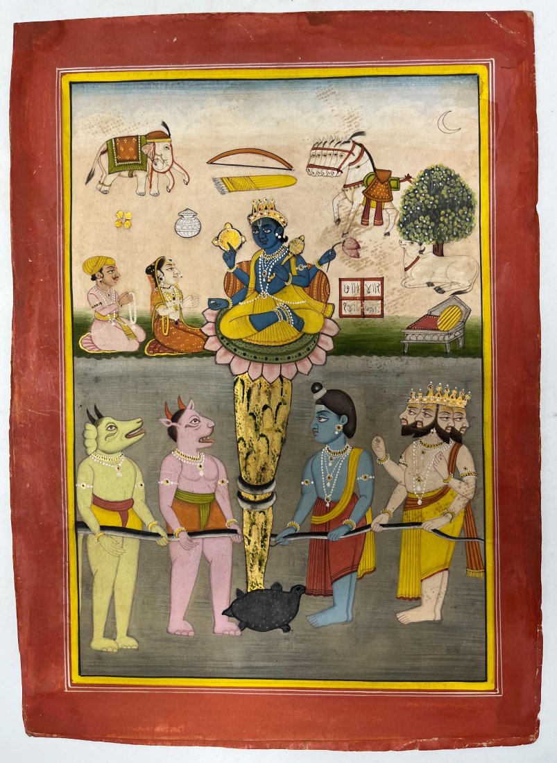 Indian miniature painting kota school: Indian miniature painting kota school Krishna churning ocean for nectar Seen God Brahma , Shiva tooSize : 11.5 by 8.5 inches