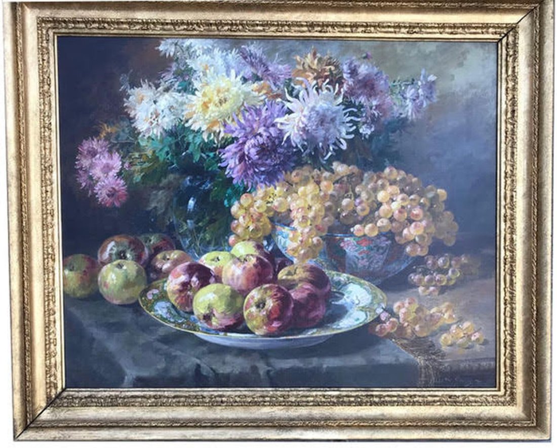 Oil on Canvas Signed Abbott Fuller Graves: oil on canvas, Flowers and fruits in a Chinese bowl, signed Abbott Fuller Graves (1859 - 1936) Massachusetts, Maine. 23 1/2" x 29" , framed 39 1/2" x 34 1/2”