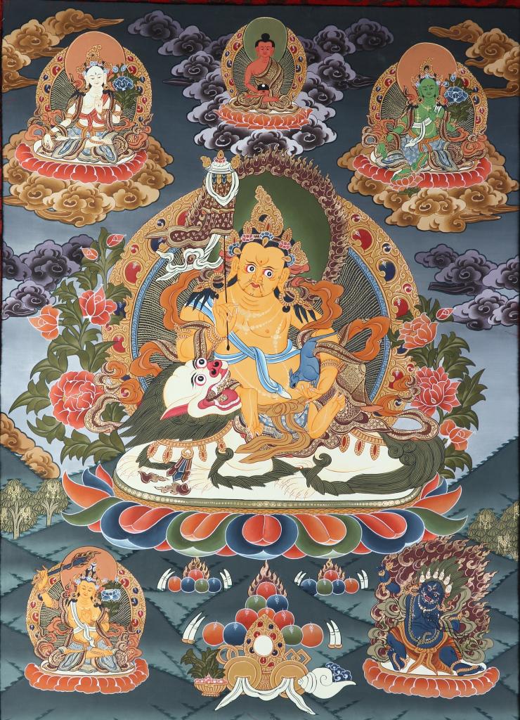 Chinese Tibetan Tangka: China, 20th C., Tibetan Tangka, five Buddha images surrounded by the one central one, in vibrant colors on a dusky blue ground. Length 25 1/2 in., Width 18 1/2 in. Provenance private collection from S