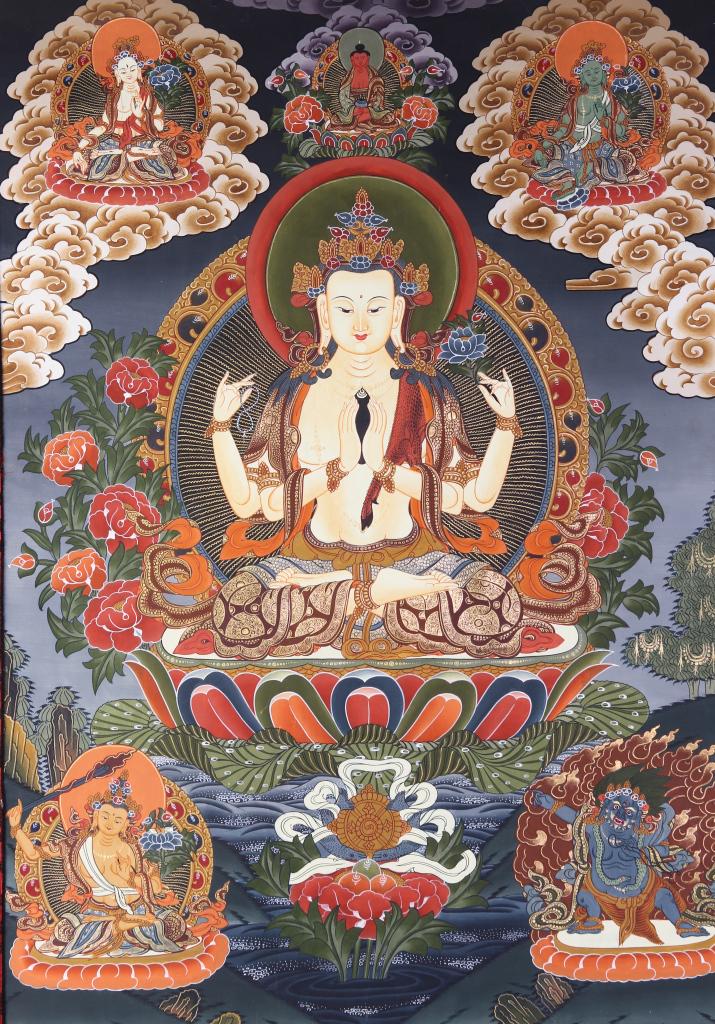 Chinese Tibetan Tangka: China, 20th C., Tibetan tangka, navy blue ground with red and grey borders, central design of Buddha with many arms being circled by smaller seated figures. Provenance private collection from Salem Ma