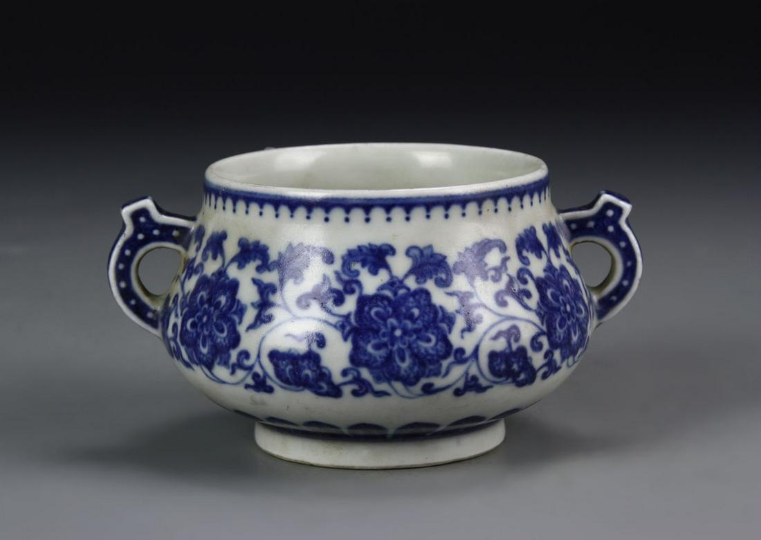 Chinese Blue And White Censer Burner: China,19th century blue and white censer burner, Qianlong mark. Width 5 in., Height 2 3/4 in.