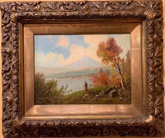 Oil on Board, Study of the Lake, Signed J.F. Cropsey: Oil on board, Study of the lake, signet J.F. Cropsey, with period parcel gilded frame. Jasper Francis Cropsey (1823 - 1900) New York 9 1/2" X 12 1/4", framed 16 1/2" x 20"Please note that this item is