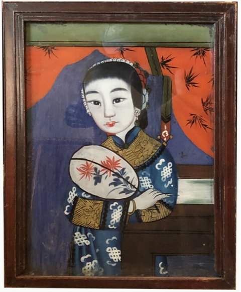 Chinese Reverse Painting on Glass: Chinese reverse painting on glass, 16" x 12" , framed 18 1/2" x 14 1/2”Please note that this item is in our warehouse in Los Angles and may require longer time for shipping arrangement.