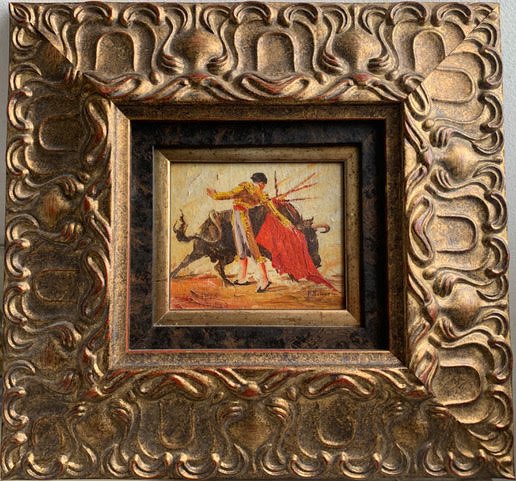 Oil on Panel Signed Porfirio Salinas (1910 - 1973): Painting, oil on panel, Study of bull movements, signed Porfirio Salinas (1910 - 1973) Texas 4 1/4” x 5” framed 12” x 12 1/4”Please note that this item is in our warehouse in L