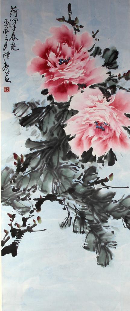 Chinese Scroll Painting, Attributed to Lu Yifei: China, floral scroll painting, rendered in painterly style, lively hues of pinks and greens throughout on a pale blue background, characters on the upper left side and one seal, attributed to Lu Yifei
