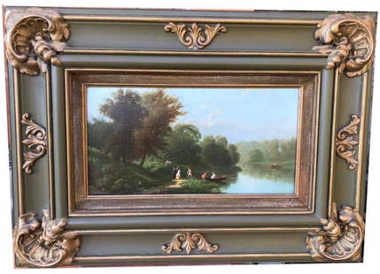 Oil on Panel Signed Albert Bierstadt (1830 - 1902): Oil on panel, Barbizon school, signet Corot, Jean-Baptiste-Camille Corot (1796 - 1875) France, Italy, Original parcel gilded frame 8 1/8" x 6 3/4", framed 11 3/4" x 10 1/4”