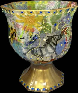 Ornate Moser Enamel & Gilt Glass Cup Charlice, Czech, Circa 1930S: Ornate Moser Enamel & Gilt Glass Cup Charlice, Czech, Circa 1930s,Size: 6 1/8" x 5 7/8"