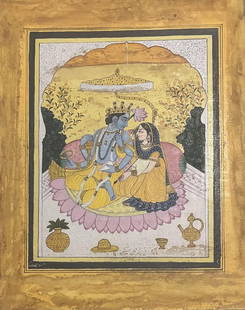 Indian Kangra school Pahari miniature painting of Radha and Krishna: Indian Kangra school Pahari miniature painting of Radha and Krishna Size : 9.5 by 8 inches