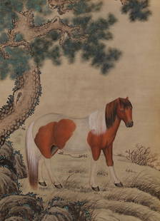 Chinese Scroll Painting of a Horse: China, scroll painting of a horse in a natural landscape scene, ink and color on paper, with calligraphy signature and red seal. Length 34 1/2 in., Width 25 1/4 in.