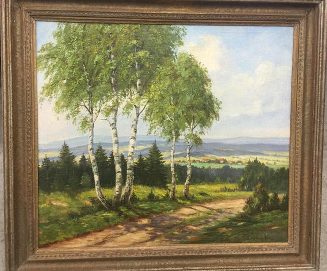 Oil On Canvas Signed Nikolai Petrovich Bogdanov-Belsky: Oil on canvas, Nikolai Petrovich Bogdanov-Belsky, Russian, 1868-1945), Rural landscape with birch tree 28" x 32", framed 33 1/2" x 37 1/2"." Original frame. Not relined. Please note that this item is 