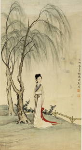 Chinese Scroll Painting, attributed to Chen Shao M: China, scroll painting depicting an elegant lady standing underneath a tree, ink and color on paper, calligraphy signature and red seal, attributed to Chen Shao Mei. Height 21 1/2 in., Width 11 1/2 in