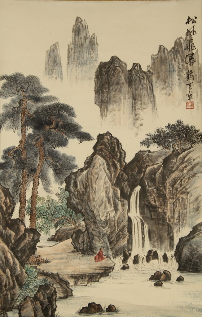 Chinese Scroll Painting of Landscape: China, scroll painting of landscape, mountains in background, river in foreground with a waterfall and luscious trees, signed He Tian. Length 27 in., Width 17 1/2 in.