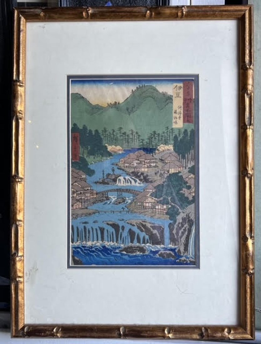 Japanese Wood Block Print by Ando Hiroshige: Japanese Wood Block Print by Ando Hiroshige, framed, frame size: 23 1/4 x 16 1/2", print size 8 1/2" x 13