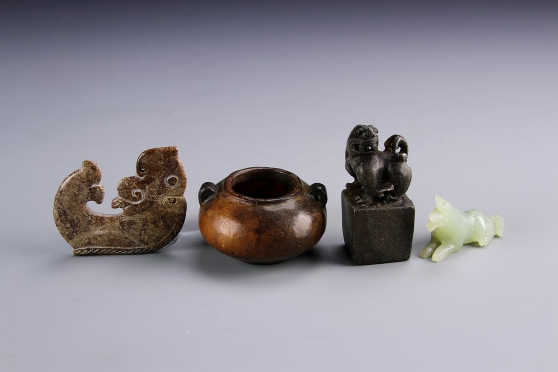 Four Chinese Jade and Stone Items: China, four jade and stone items. 2 1/2 in.