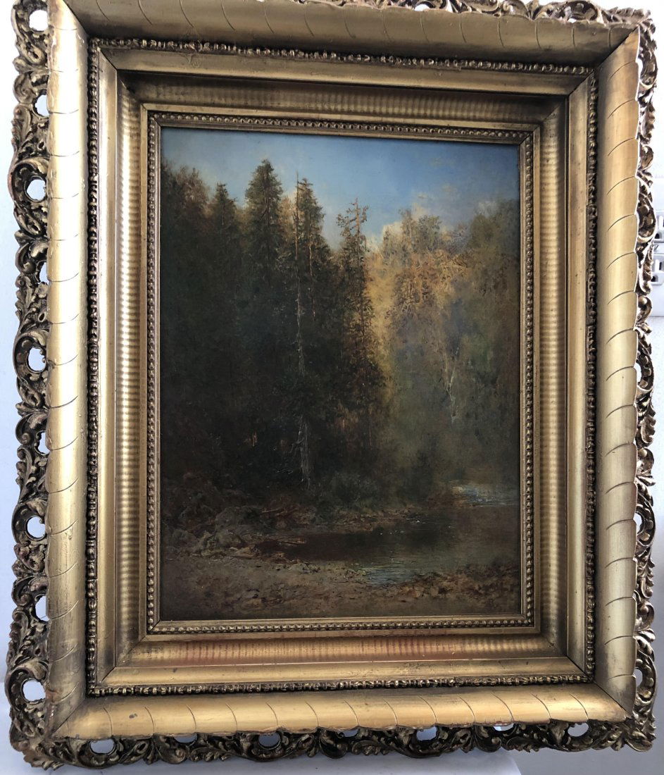 Oil on Canvas Signed with insignia AB, Attributed to Albert Bierstadt: Albert Bierstadt, oil on canvas, signed with insignia AB, attributed to Albert Bierstadt (1830 - 1902), with original parcel gilded presentaion frame, 16 1/2" x 12 3/4", framed 24 3/4" x 20 3/4”