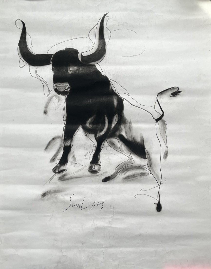 Sunil Das ( Indian 1939-2015) charcoal painting of Bull on paper: Sunil Das ( Indian 1939-2015) charcoal painting of Bull on paper Sunil Das was born in Kolkata India . He was one of the most important modern masters of India . He joined Government college of Art an