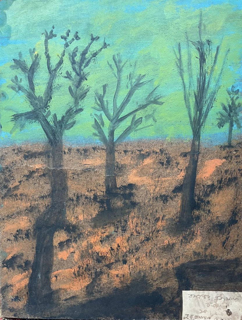 Benode Bihari Mukherjee (Indian 1904-1980) Oil on Board: Benode Bihari Mukherjee (Indian 1904-1980) oil on board painting with a small note stuck stating in Bengali the title of painting- awaiting spring and also states that it was gifted to Haraprasad Beno