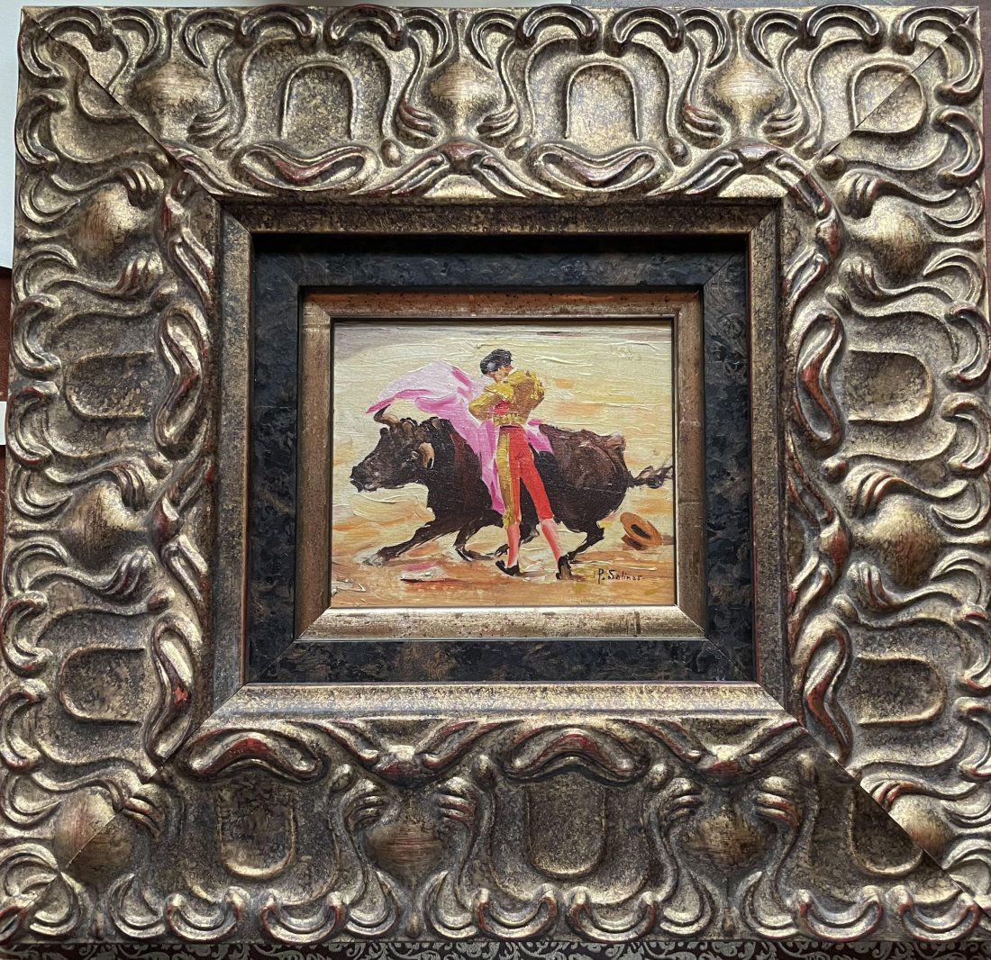 Oil on Panel: Study of Bull Movements Siigned Porfirio Salinas (1910 - 1973): Porfirio Salinas, oil on panel, Study of bull movements, signed Porfirio Salinas (1910 - 1973) Texas 4 1/4” x 5” framed 12” x 12 1/4” Provenance: Important collection St. Anton