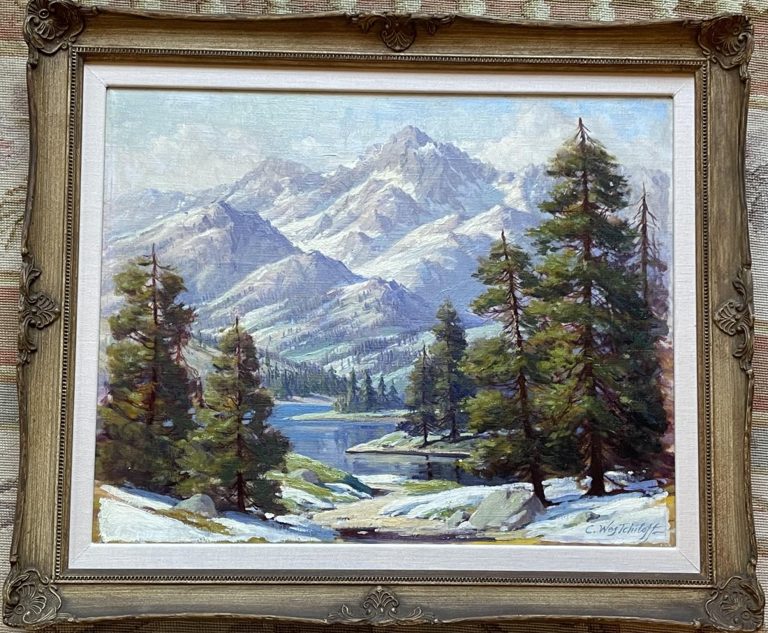 Oil on Canvas Signed Westchiloff, Konstantin Alexandrovich (1877-1945) Russian: Westchiloff, Konstantin Alexandrovich, Oil on canvas, Mont Blanc, Swiss Alp, signed Westchiloff, Konstantin Alexandrovich (1877-1945) Russian 16 1/4" x 20", framed 21" x 24 3/4”. Provenance: Imp