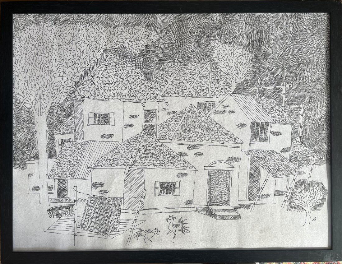 Indian artist Badri Narayan (1929-2013) large pen and ink artwork on paper: Indian artist Badri Narayan (1929-2013) large pen and ink artwork on paper Badri Narayan was an Indian artist , Illustrator, author and story teller . He had over 50 solo shows and his paintings are s