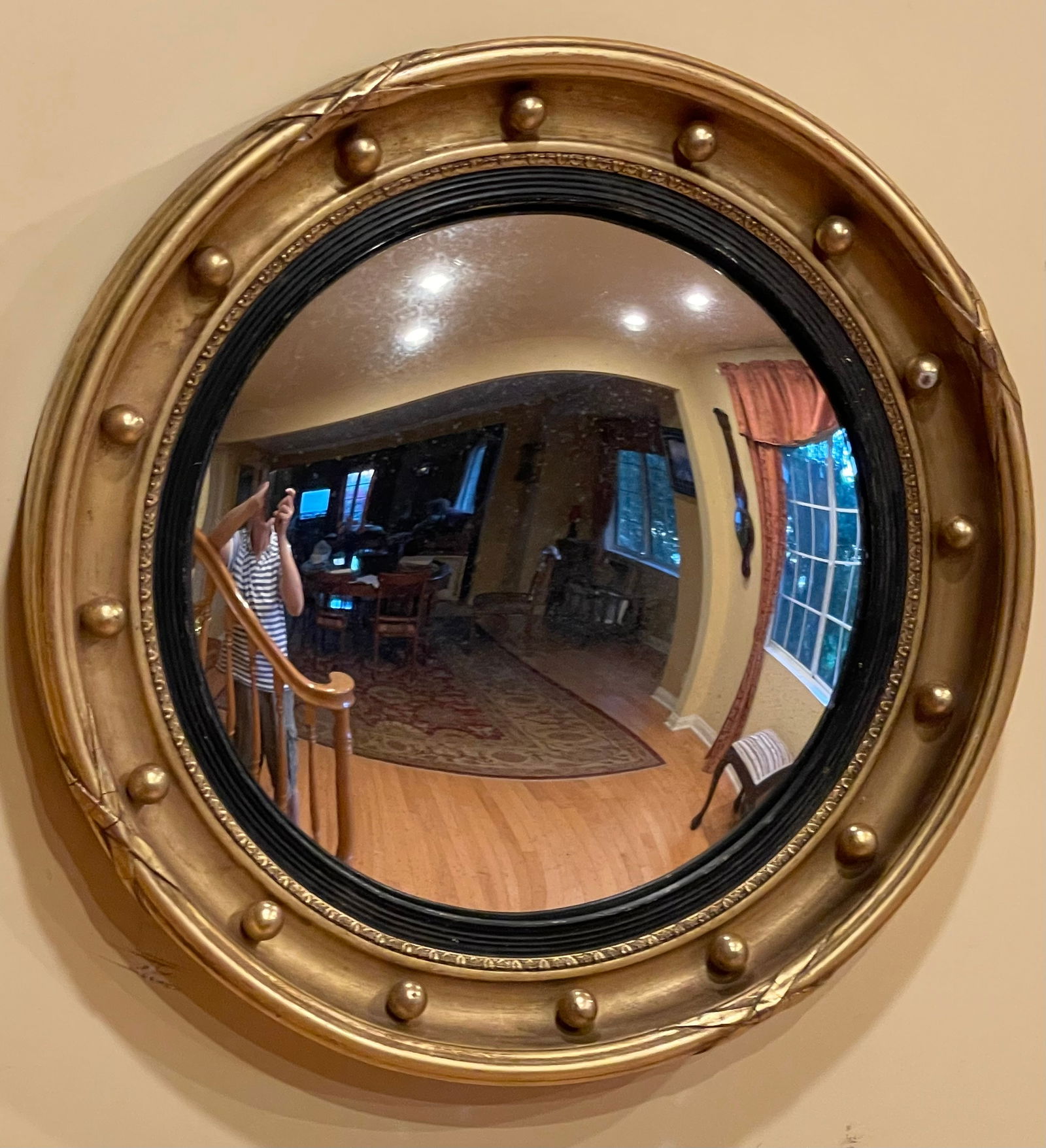 English Regency parcel gilded and black ebonized convex mirror (1 of 4)