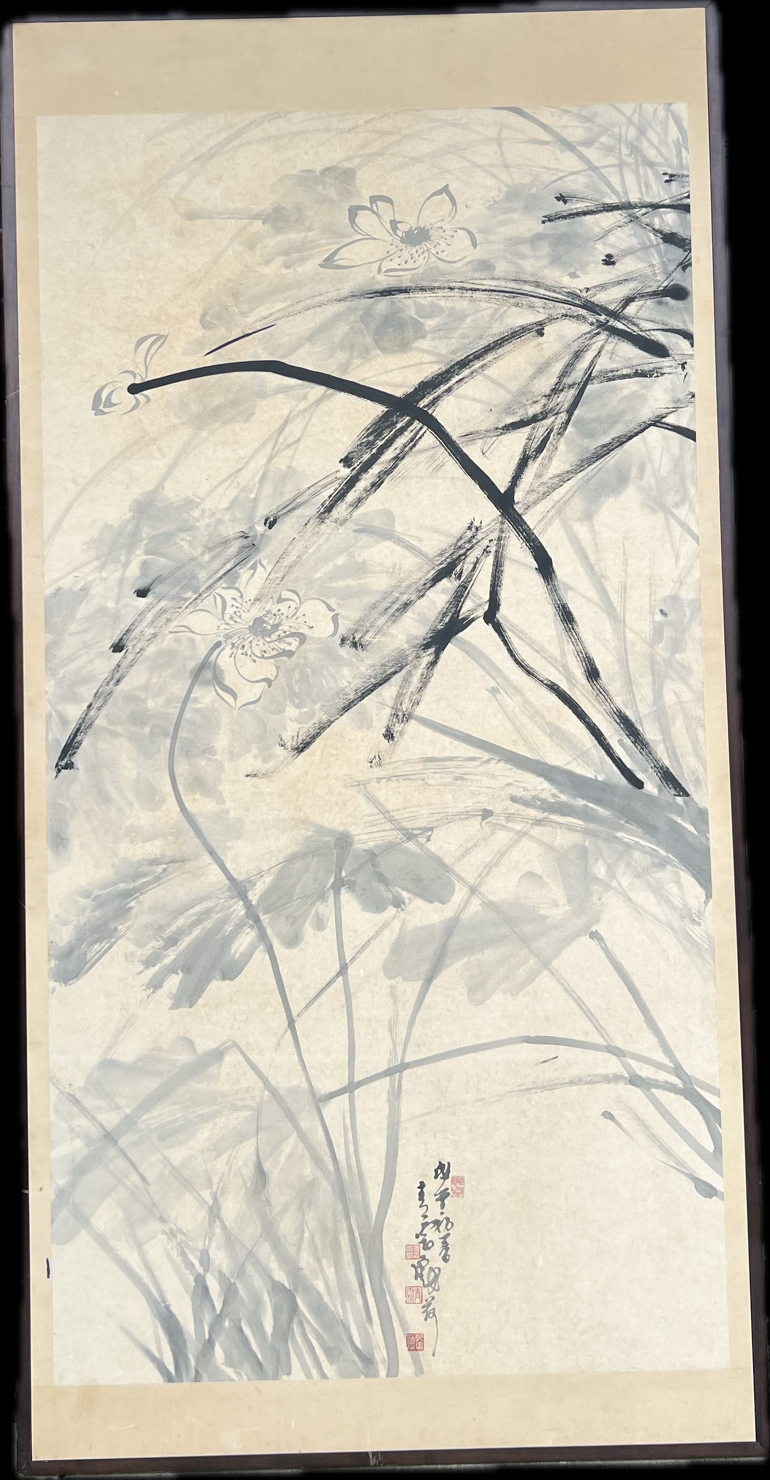 Large Asian Art of Lotus Flowers Signed & Stamped (1 of 3)