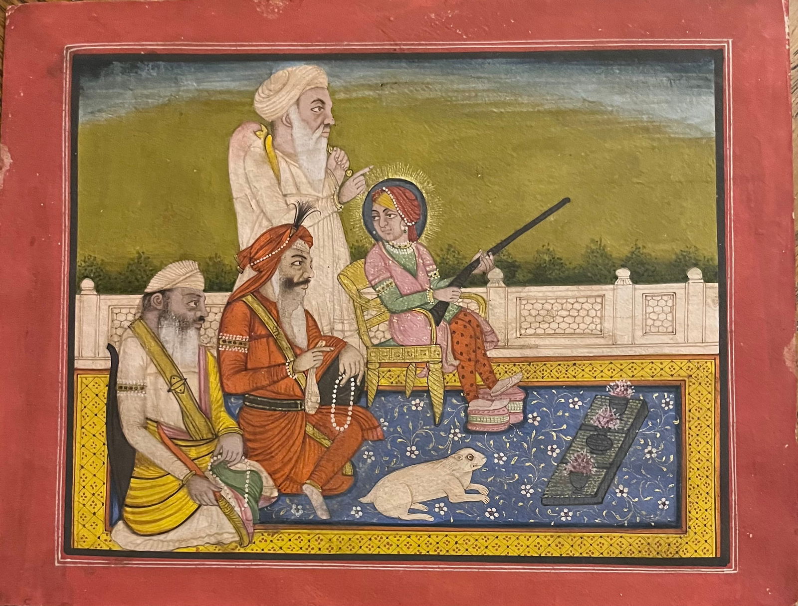Indian pahari miniature painting Sikh school of Prince and saints around him on palace terrace (1 of 1)