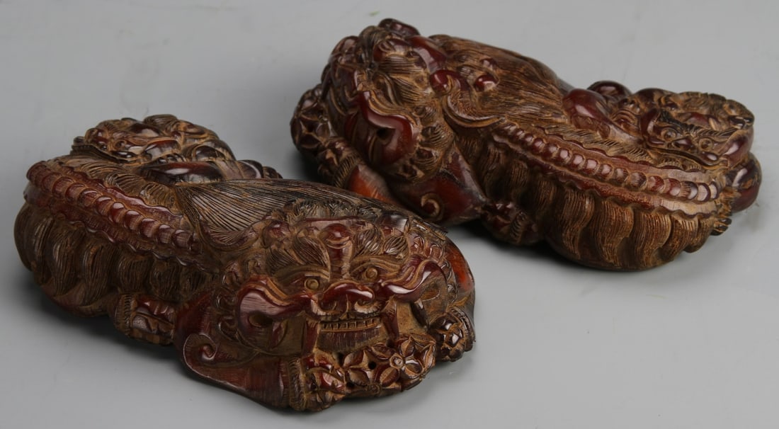 Pair of Chinese Carved Wood Foo Lions (1 of 1)