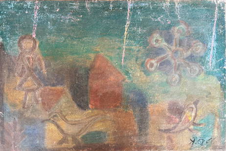 Prabhakar Barwe (Indian 1936 - 1995): Prabhakar Barwe (Indian 1936 - 1995) signed bottom right oil on canvas 1988 AttrAttributed to Indian artist Prabhakar Barwe who was pioneer of modern Indian painting. He was influenced by the traditio