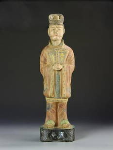 Chinese Brass Figure: China, 19th C., very rare enameled brass sculpture, standing male figure with serious expression and clasped hands, pale colored headdress and clothing on round base with mother of pearl in lay. Heigh