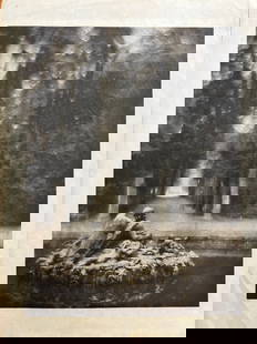 Baron A de Meyer photogravure on silk titled the fountain of Saturn Versailles air: Baron A de Meyer photogravure on silk titled the fountain of Saturn Versailles air condition creases on the top right and bottom left 7 1/2 inches wide 11 inches tall
