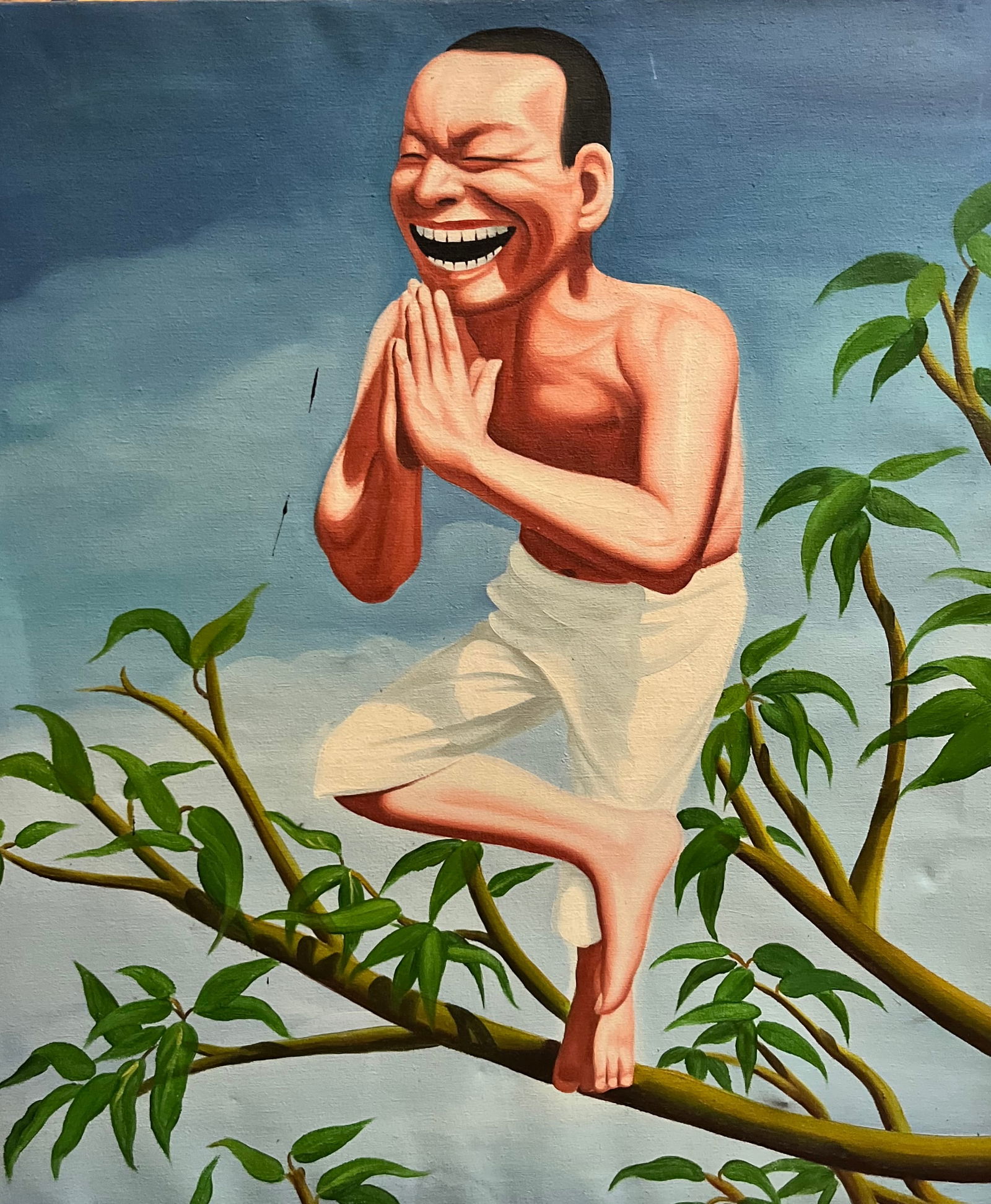 Artis yue minjun renowned contemporary Chinese artist: Artis yue minjun renowned contemporary Chinese artist these are hand painted but unsigned fair condition hand painted, 27 1/2 inches wide by 23 1/2 inches tall