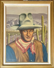 1960s oil painting of John Wayne well on a movie set painted by a Walt Disney