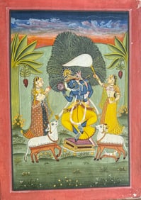 Indian miniature painting Bundi School worshipping Lord Krishna