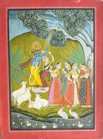 Indian miniature painting Bundi School - Radha Krishna on swing with Gopis around them