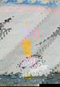 Indian Bikaner school miniature painting of Lord Krishna standing on Lotus