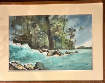Beautiful watercolor, possibly Maine sign on the bottom, right hertzberg