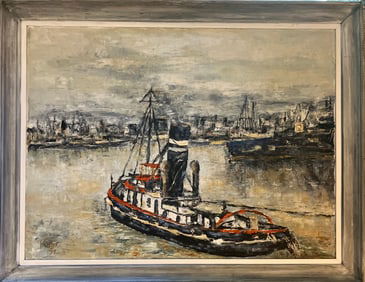 Vintage oil painting date, 1974 signed on the left bottom corner harbor scene