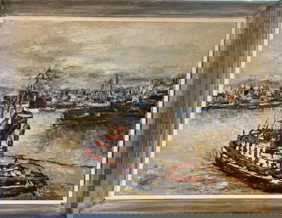Vintage oil painting date, 1974 signed on the left bottom corner harbor scene: Vintage oil painting date, 1974 signed on the left bottom corner harbor scene of New York City paintings in fair condition and measures 24 inches tall 30 inches wide