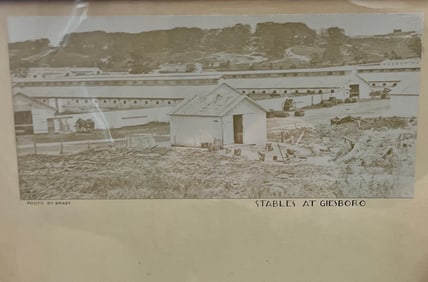 Vintage photograph of Matthew B Brady Title stables at giesboro on the right sign Brady