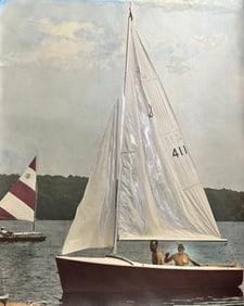 1940s hand colored photo of two men on a sailboat large format
