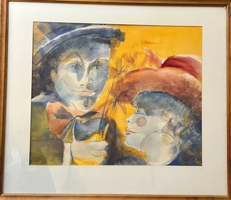 Vintage watercolor circus clowns sign on bottom right signature unknown