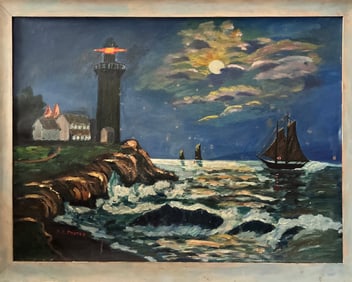 Nice primitive seascape on  board JG Foster sign on bottom left