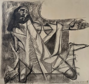 Large mid-century pencil drawing sign bottom right listed artists