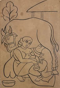 19th century Kalighat painting on paper